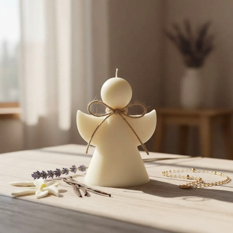 Vela de Angel blanca con cera de soja 9 cm devocion Catolica luz de la guarda souvenir