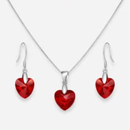 Conjunto Collar y Aros Corazon Cristal Austriaco Rojo Plata 925 Plateado TALLA UNICA