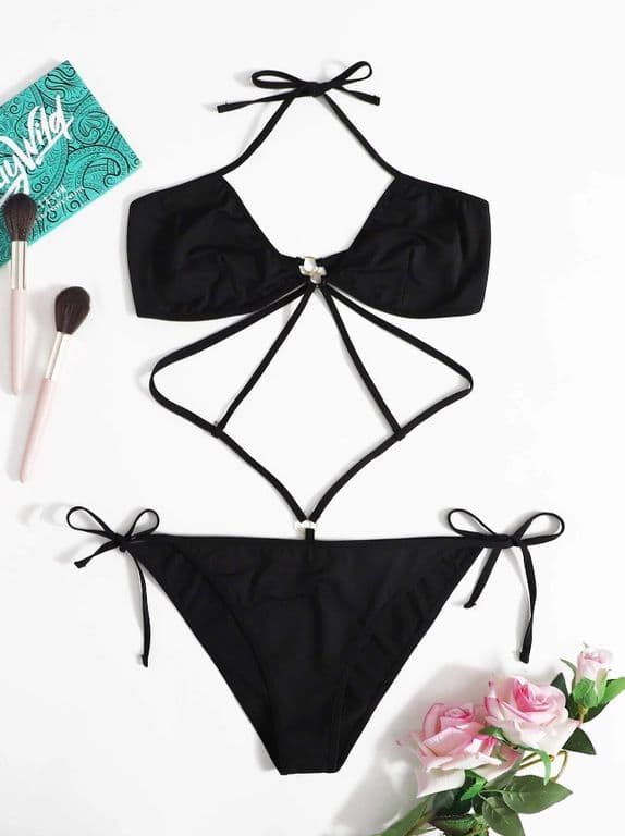 Conjunto de Ropa Interior Negro con Anilla y Tirantes Finos Negro 3XL