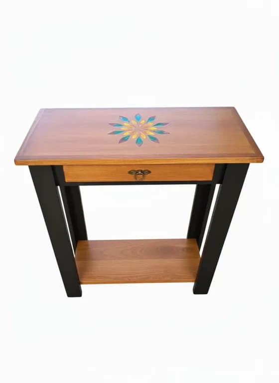 MESA DE ARRIMO CAFE NEGRO CON GRABADO RESINA MANDALA