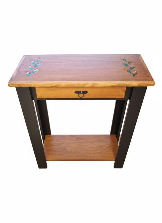MESA DE ARRIMO CAFE NEGRO CON GRABADO RESINA ESPIGAS