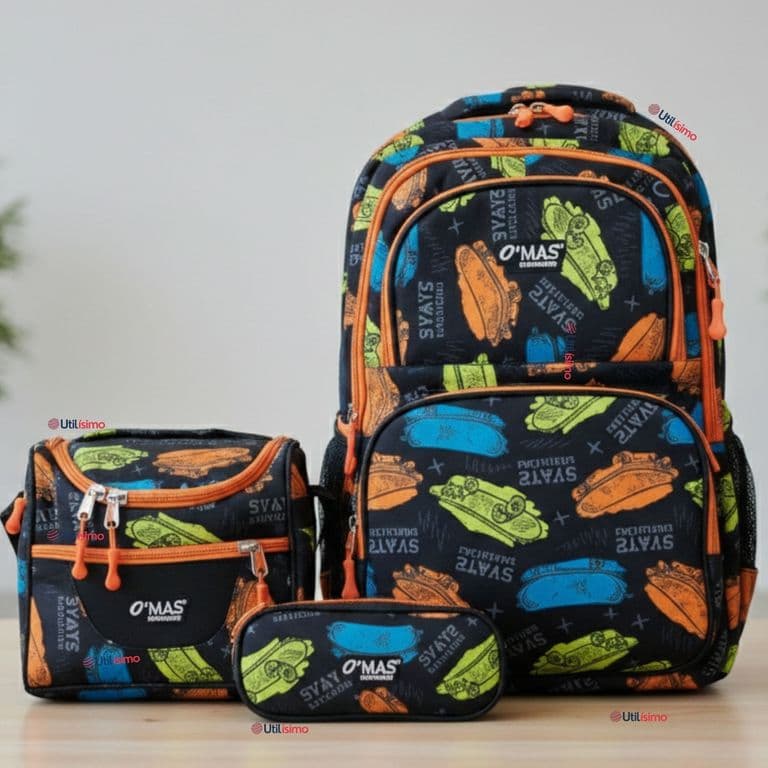 Mochila Bolso Escolar + Lonchera + Estuche 45Cm Nino Tela Oxford Skate Multicolor TALLA UNICA