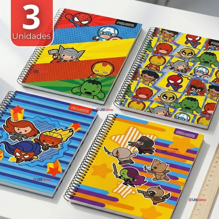 Pack 3 Cuadernos Universitario Marvel Heroes Kawaii 150 Hojas Tapa Gruesa Disenos Surtidos