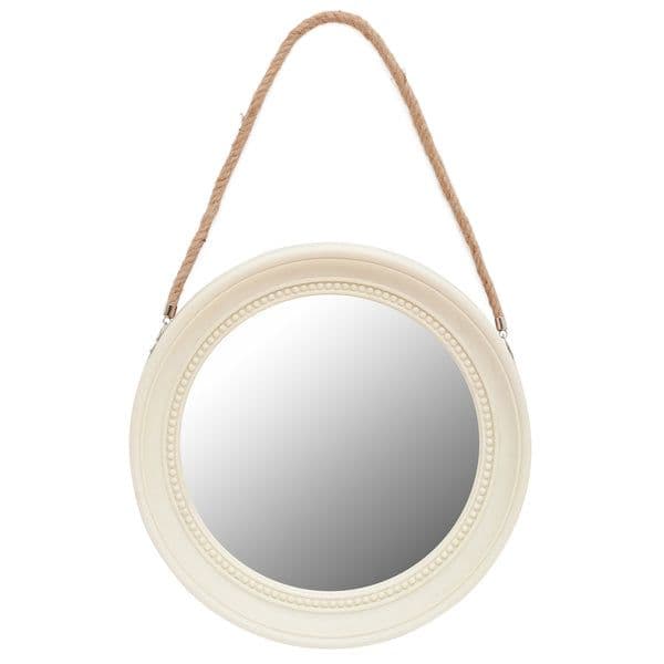 Espejo decorativo para colgar redondo 33 cm con soga crema