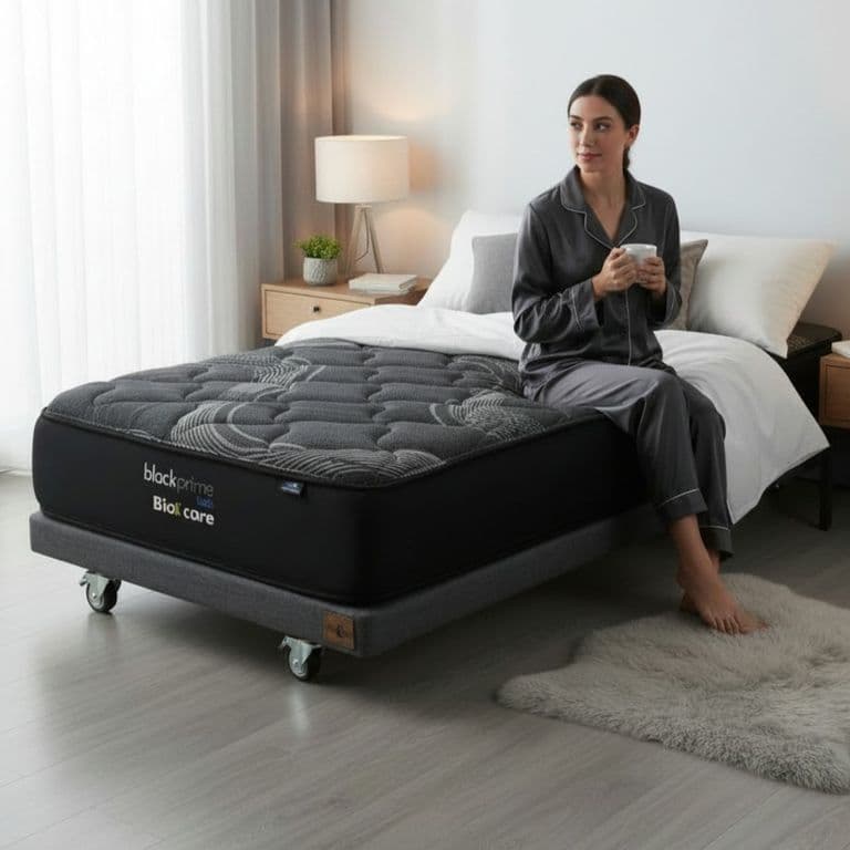 Cama 1.5 Plaza Box 8 cm - L200 cm + Colchon Black Prime - Modelo Uno / Con Rueda Divan (Gris)