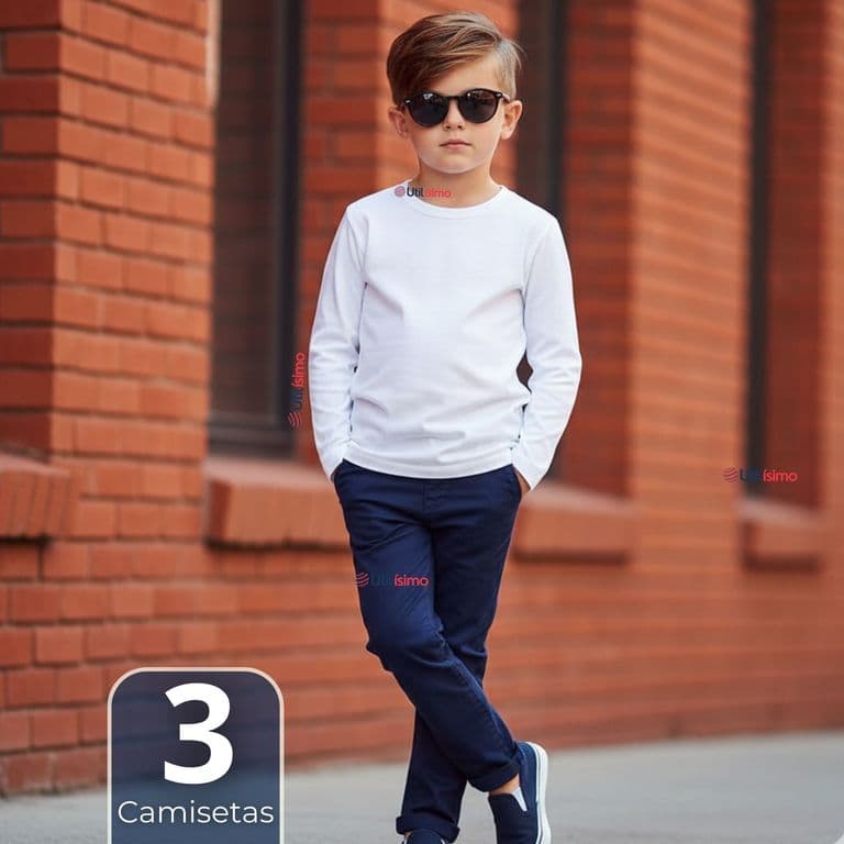 Pack 3 Camisetas Algodon Manga Larga Polera Primera Capa Blanco Nino Blanco 5-6 ANOS