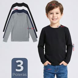 Pack 3 Poleras Camisetas Polar Primera Capa Cuello Redondo Manga Larga Colores Surtido Nino Multicolor 5-6 ANOS