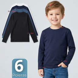 Pack 6 Poleras Camisetas Bambu Cuello Redondo Primera Capa Manga Larga Colores Surtido Nino Multicolor 5-6 ANOS