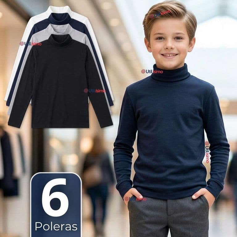 Pack 6 Poleras Camisetas Polar Primera Capa Beatle Manga Larga Colores Surtido Nino Multicolor 5-6 ANOS