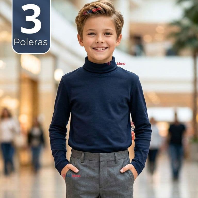 Pack 3 Poleras Camisetas Polar Azul Oscuro Primera Capa Beatle Manga Larga Nino Azul 7-8 ANOS
