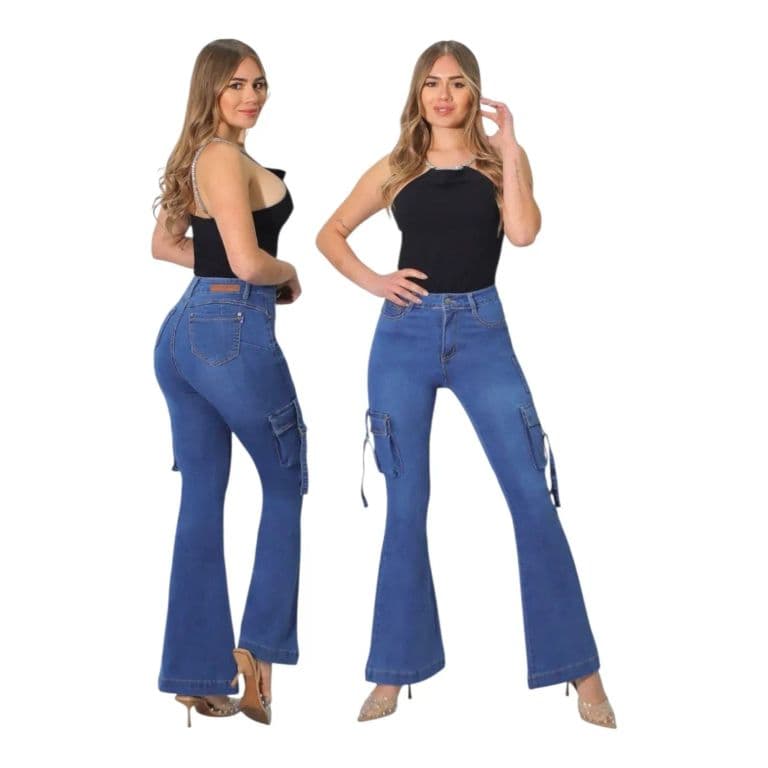 Jeans Cargo Flare Push Up Acampanado Levanta Cola Corte Colombiano Azul 36