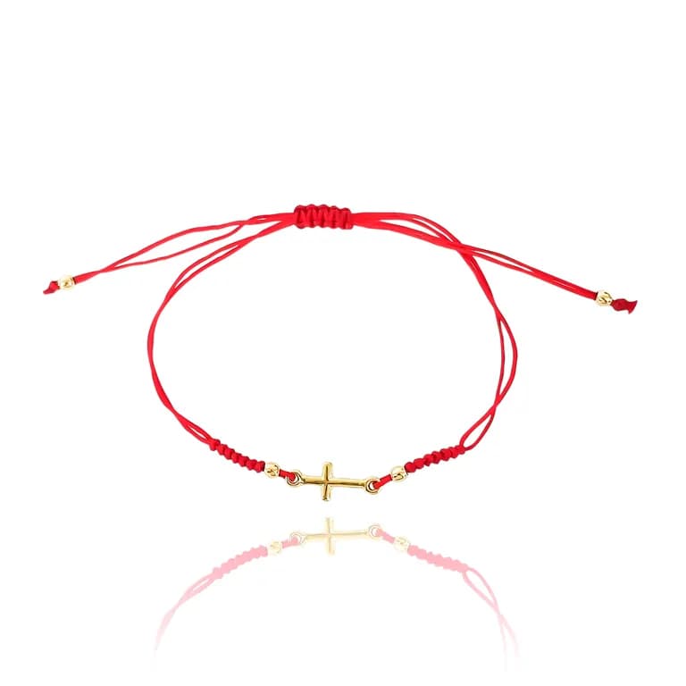 Pulsera Cruz Mini Enchapado Oro 18K Cordon Rojo Adaptable Rojo TALLA UNICA
