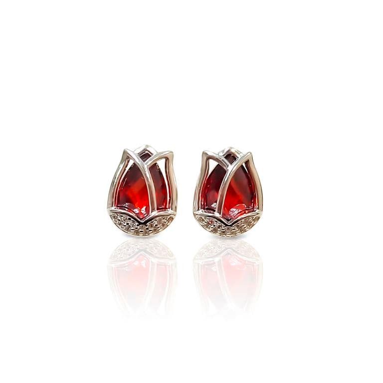 Aros Tulipan Circon Rojo Facetado Plata Fina 925 Plateado TALLA UNICA