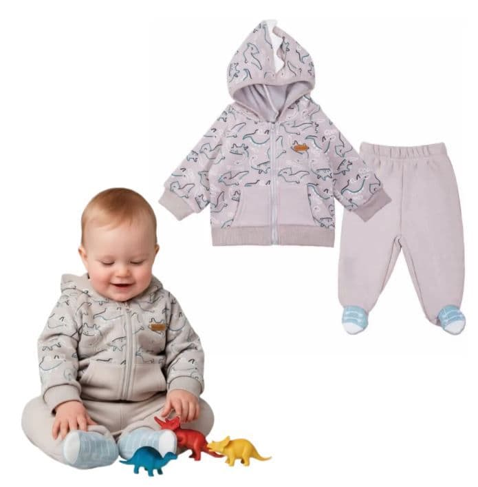 Conjunto nino algodon afranelado CON CAPUCHA DINOSAURIO GRIS Aceituna 0-3 MESES