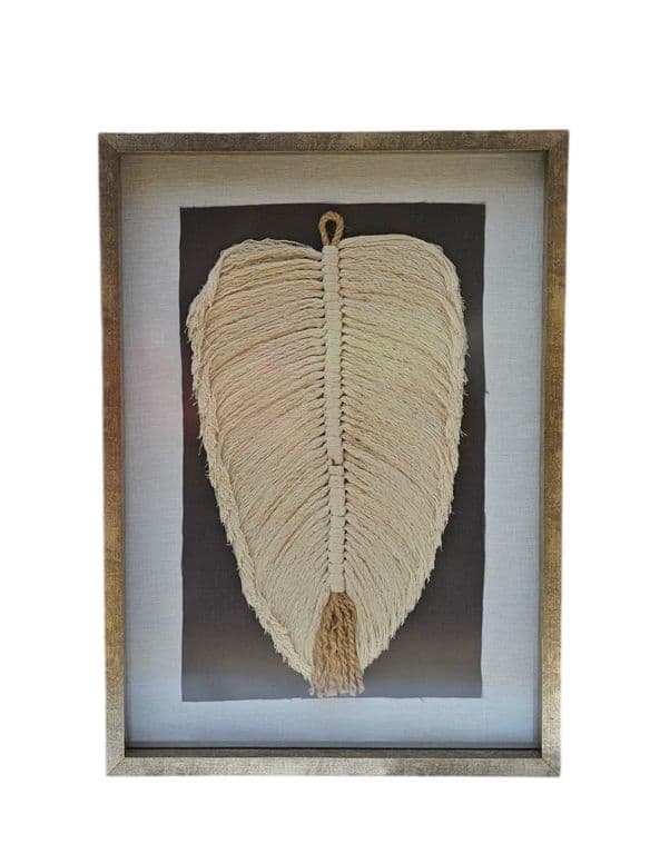 Cuadro Decorativo Hoja Algodon Macrame Decoracion Marco Dorado Hecho a Mano 50x32 Vidrio