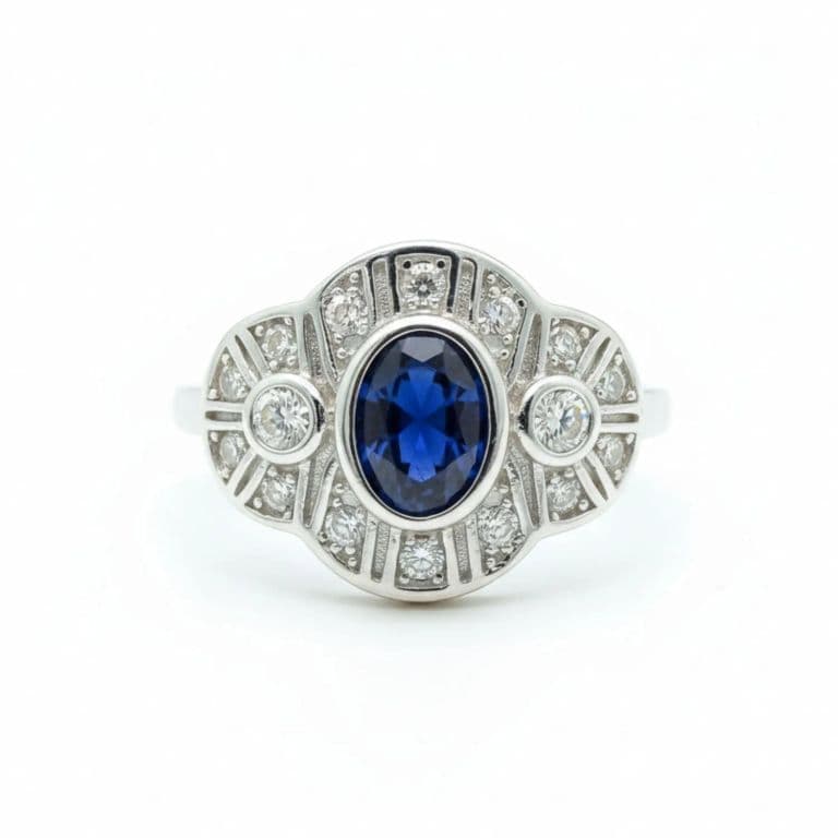 Anillo Art-Deco Vintage Royal Zafiro Circones Plata 925 Azul 12