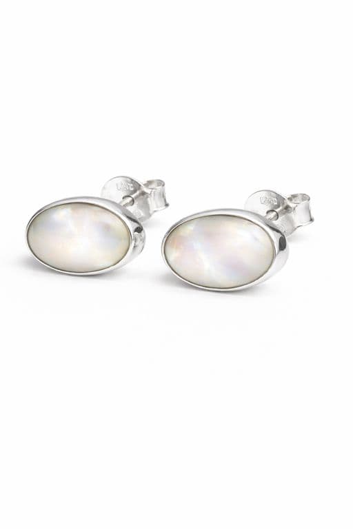 Aros Nacar Ovalado Plata 950 Tornillo Mariposa Mujer Elegantes Piedra Blanca