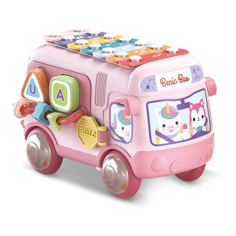 Autobus Musical Infantil con Xilofono y Figuras de Encastre Rosado