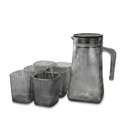 Juego de Jarra De Vidrio Moderna Con Tapa y 6 Vasos Diseno Acanalado