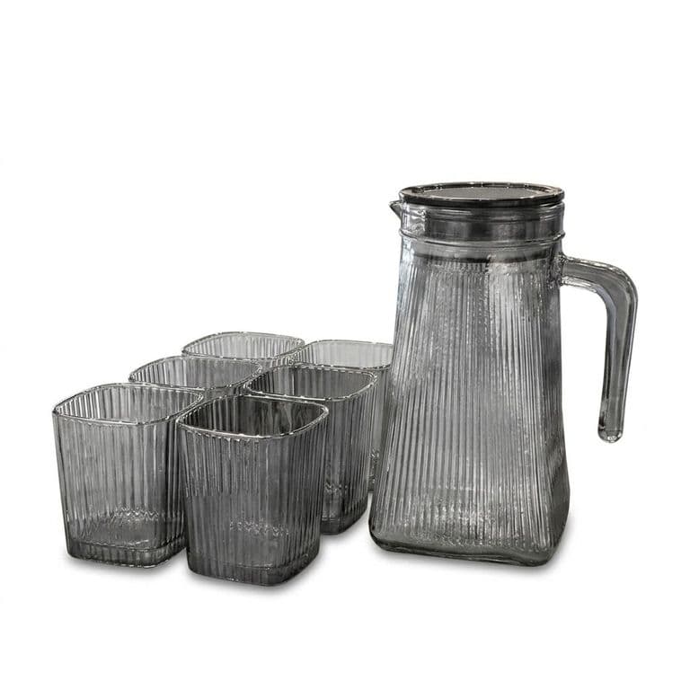 Juego de Jarra De Vidrio Moderna Con Tapa y 6 Vasos Diseno Acanalado