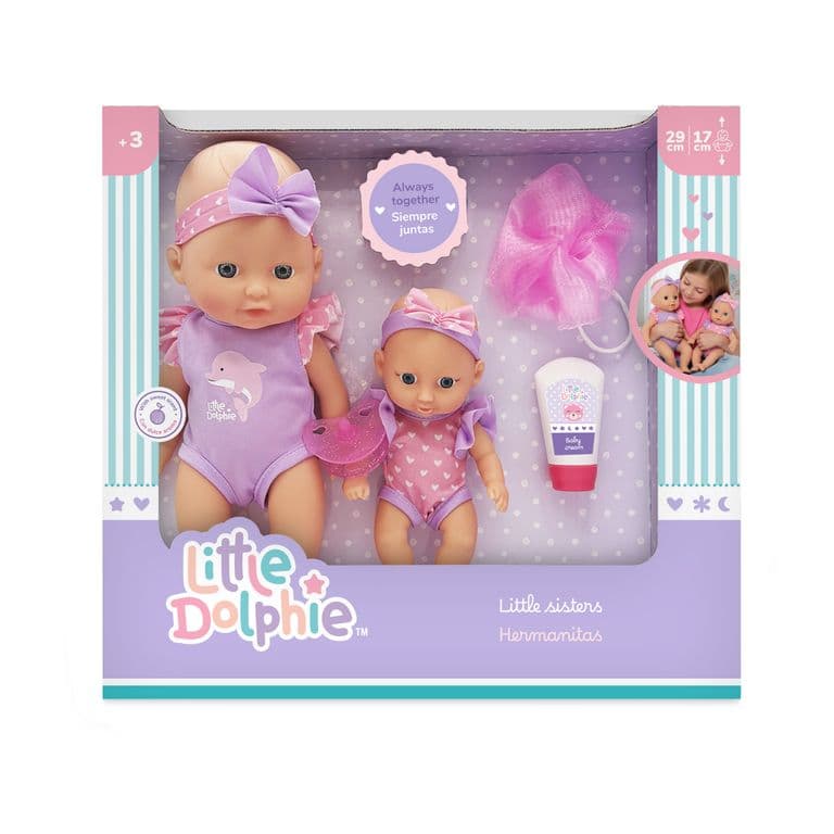Set Munecas Hermanas 29 cm y 17 cm con Accesorios de Cuidado