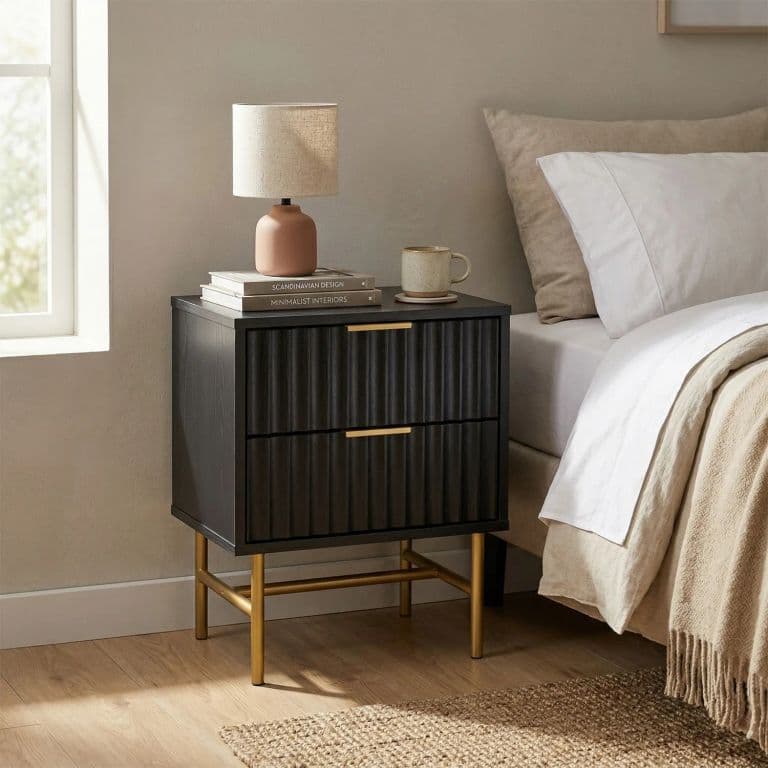 Velador Manhattan Estilo Madera Roble Negra 2 Cajones Diseno Acanalado Color Negro y Dorado