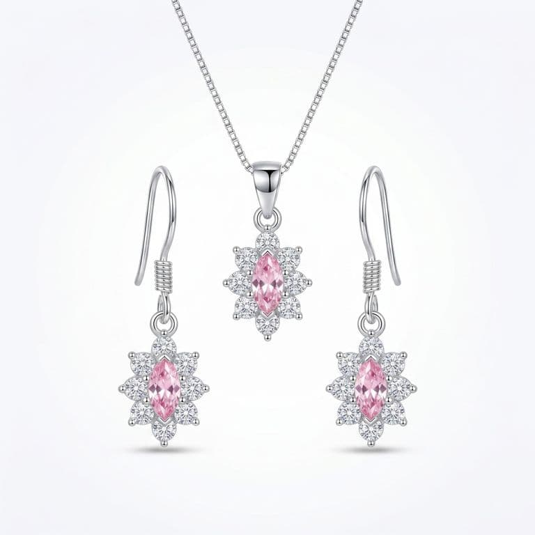 Conjunto Collar y Aros Lady Circon Plata Ley 925 Rosa TALLA UNICA