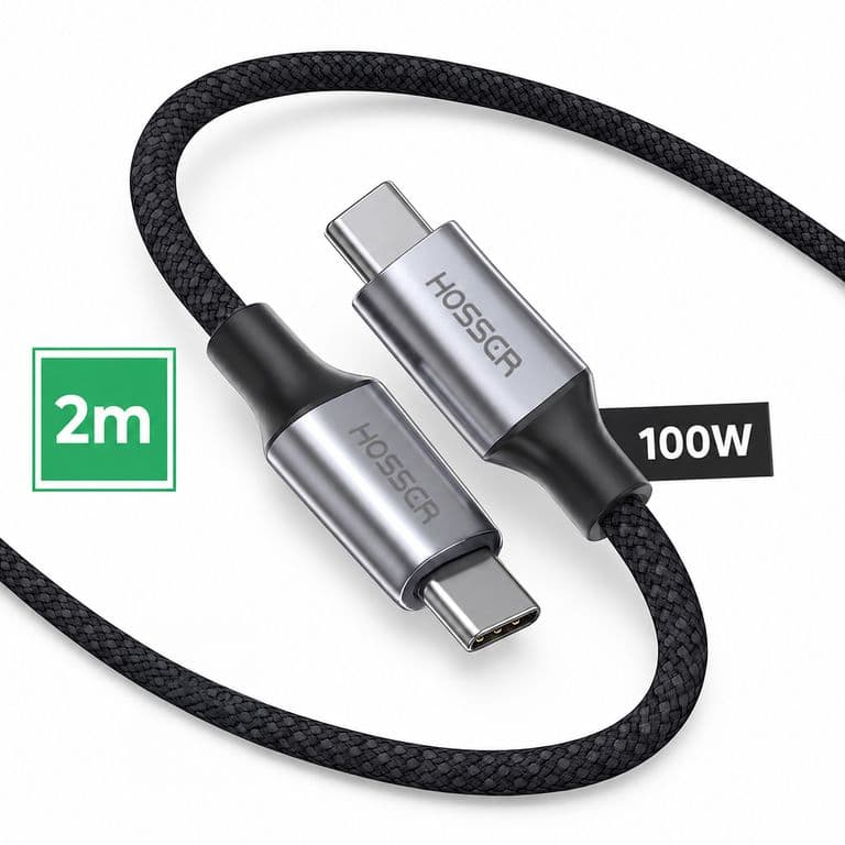 Cable Usb Tipo C A C 2 metros Carga Rapida Iphone Samsung 100 Watts Trenzado Negro