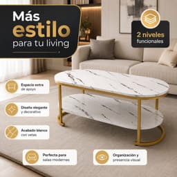 Mesa de Centro Blanca Estilo Marmol con 2 Niveles y Base Dorada Decorativa