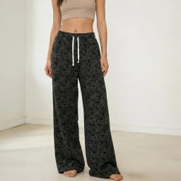 Pantalon de Buzo Algodon Flores Palazzo Termico Forrado En Chiporro Wide Leg Negro S