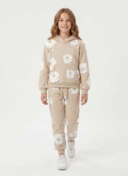 Conjunto Buzo Nina Poleron Canguro Y Jogger Flores 3d Beige 6