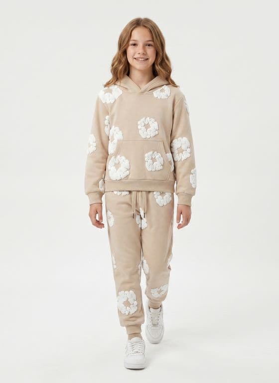 Conjunto Buzo Nina Poleron Canguro Y Jogger Flores 3d Beige 6