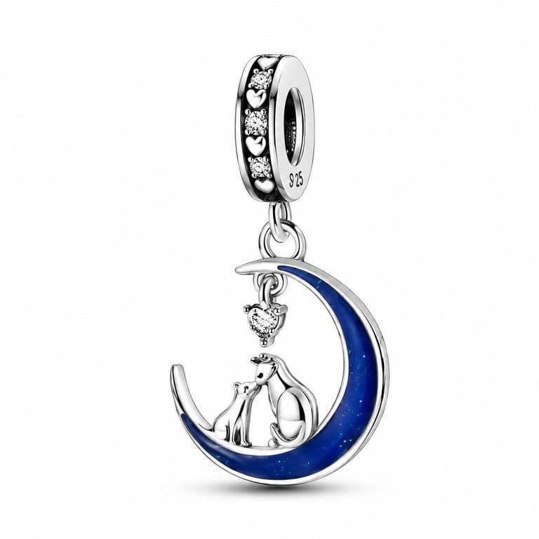 Charm Dije Gato y Gatito Luna Plata 925 Plateado TALLA UNICA