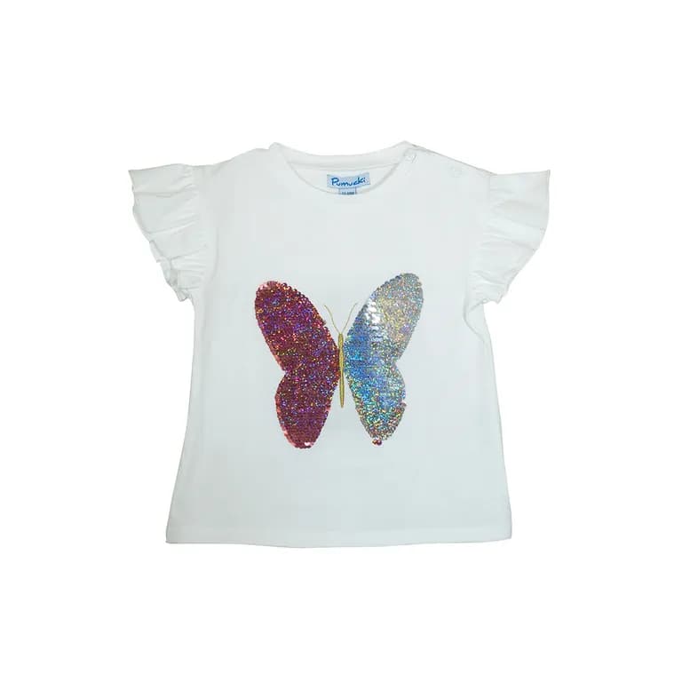Polera Manga Corta Nina Blanca con Lentejuelas Mariposa Blanco 0-3 MESES