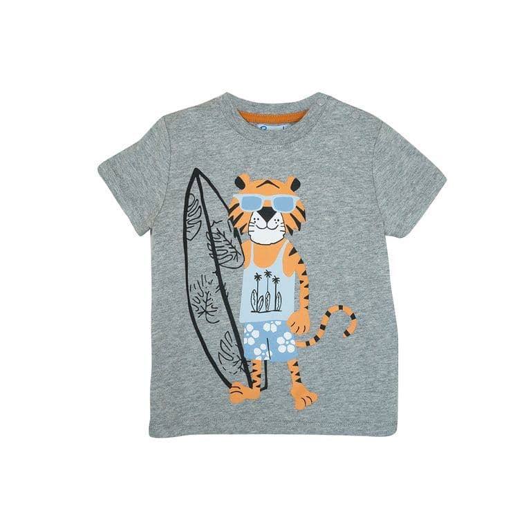 Polera Gris Manga Corta Tigre Nina 100% Algodon Gris 0-3 MESES