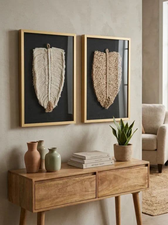 Duo Cuadro Decorativo Hoja Algodon y Yute Fibra Natural Artesania Chilena Marco Dorado 50x34 Vidrio
