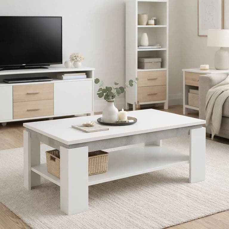 Mesa de Centro Oslo Blanca con Repisa Inferior 90x60 cm Diseno Moderno Minimalista