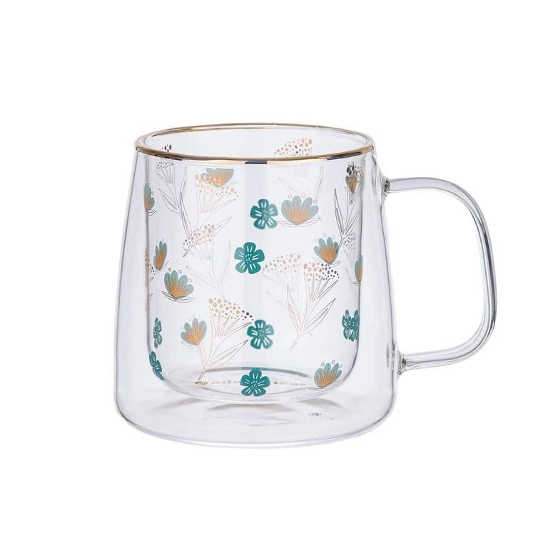 Taza Doble Vidrio Gold and Turquoise Flowers 400 ml