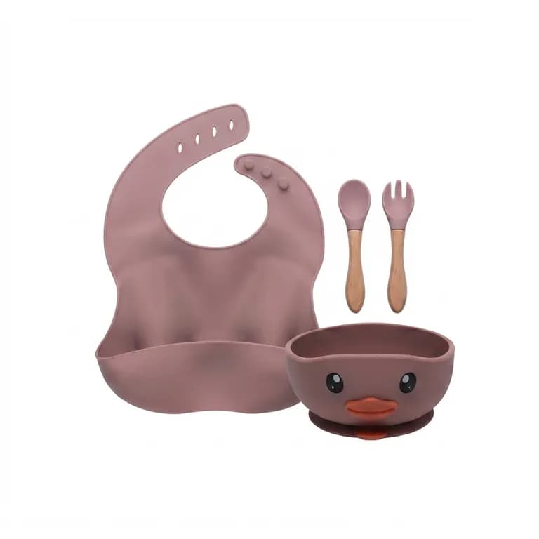 Set De Alimentacion Silicona Bebe 4 Piezas Silicona BPA Free Ventosa Rosado