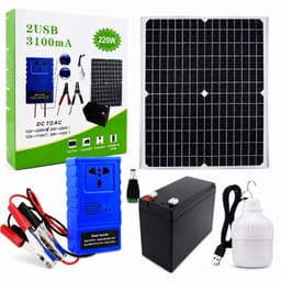 Kit Emergencia Energia Solar Portatil Panel 20W Inversor 220W Bateria 12V 2 USB Enchufe y Ampolleta