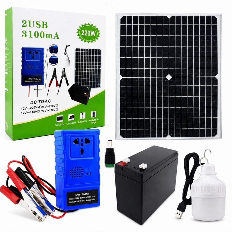 Kit Emergencia Energia Solar Portatil Panel 20W Inversor 220W Bateria 12V 7Ah 2 USB Enchufe Universal y Ampolleta LED