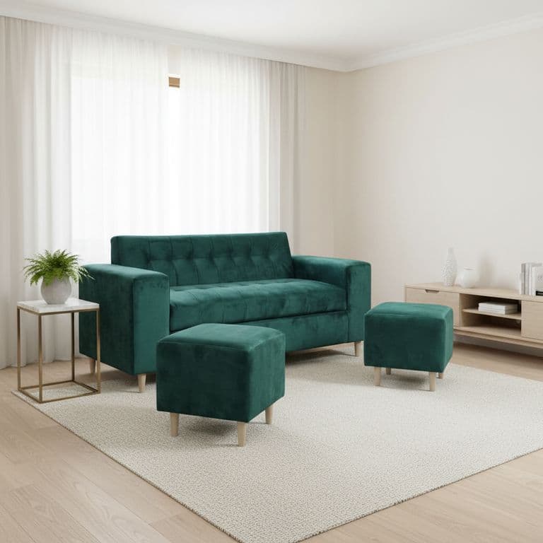 SOFA DOS CUERPOS MAS POUF EN FELPA Verde oliva