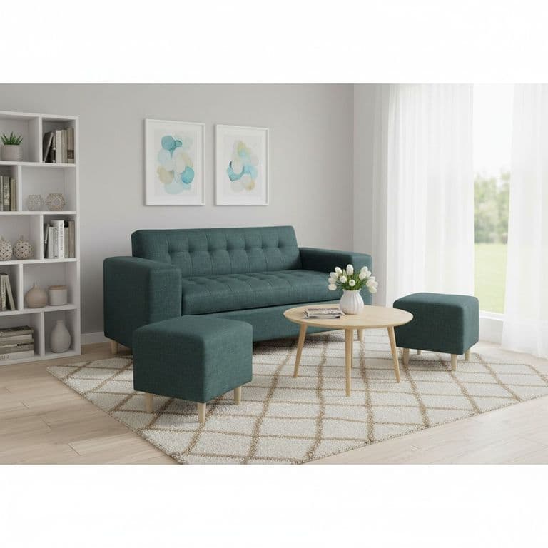 SOFA DOS CUERPOS MAS POUF EN LINO Verde oliva