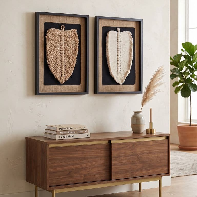 Duo Cuadro Decorativo Hoja Algodon y Yute Fibra Natural Artesania Chilena Marco Negro 50x34 cVidrio