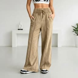 Pantalon Buzo Pre Lavado Verano Palazzo Algodon Elasticados Wide Leg Beige S