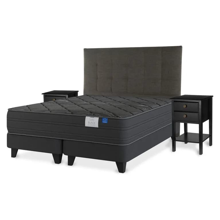 Cama Europea Black King x 2.00mt Base Dividida + Respaldo + 2 Veladores Design Grafito