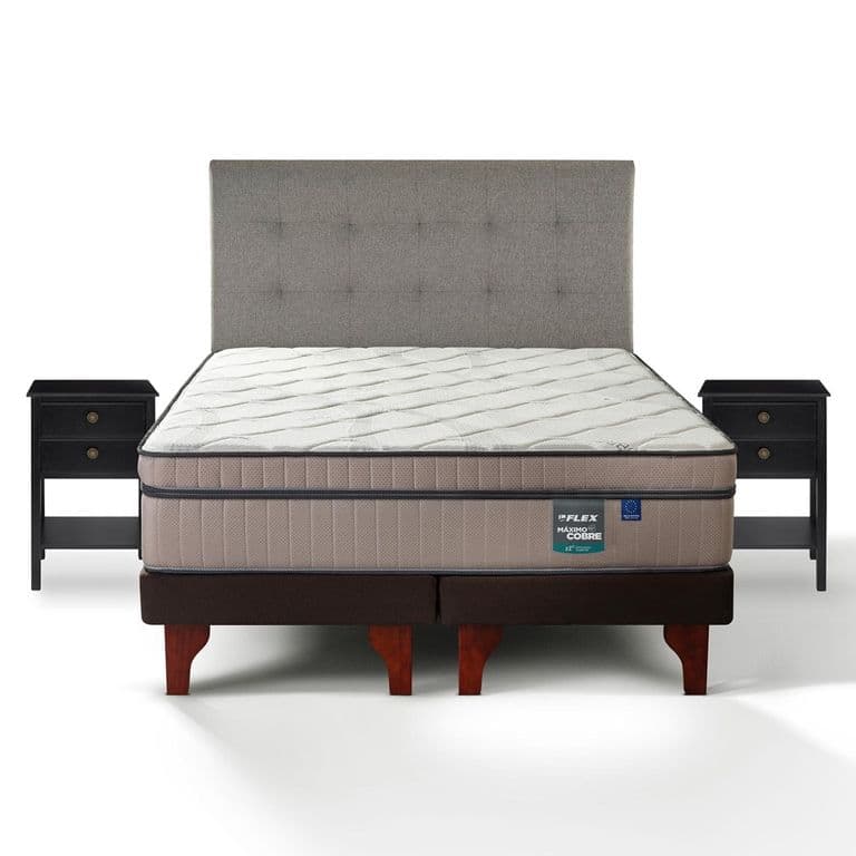 Cama Europea Maximo Cobre King x 2.00mt Base Dividida + Respaldo + 2 Veladores Design Gris