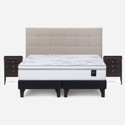 Cama Europea Art 4 King x 2.00mt Base Dividida + Respaldo + 2 Veladores Issey Niebla