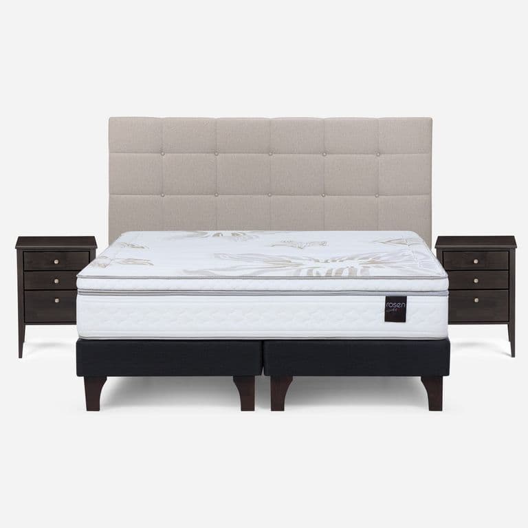 Cama Europea Art 4 King x 2.00mt Base Dividida + Respaldo + 2 Veladores Issey Niebla