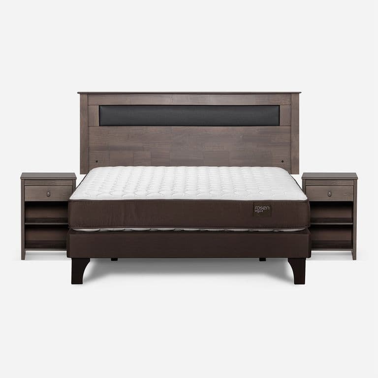 Cama Europea New Ergo T 2 Plazas x 2.00 mt Base Normal + Respaldo + 2 Veladores Ferrara Gris